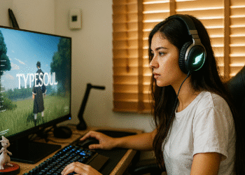 Type Soul Descubre el Discord y sube rápido de nivel - Alt text: "Mujer concentrada jugando en computadora el videojuego Type Soul con auriculares de gaming, enfocada en subir rápido de nivel y descubrir el Discord del juego."