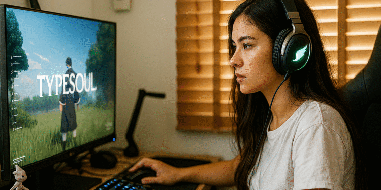 Type Soul Descubre el Discord y sube rápido de nivel - Alt text: "Mujer concentrada jugando en computadora el videojuego Type Soul con auriculares de gaming, enfocada en subir rápido de nivel y descubrir el Discord del juego."