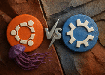 Ubuntu vs Kubuntu - Alt text: Comparison of Ubuntu vs Kubuntu Linux operating system logos, featuring the orange Ubuntu logo on the left and the blue Kubuntu logo on the right, separated by a silver "vs" symbol on a textured stone background.