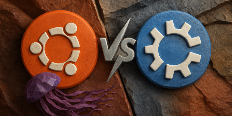 Ubuntu vs Kubuntu - Alt text: Comparison of Ubuntu vs Kubuntu Linux operating system logos, featuring the orange Ubuntu logo on the left and the blue Kubuntu logo on the right, separated by a silver "vs" symbol on a textured stone background.
