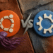 Ubuntu vs Kubuntu - Alt text: Comparison of Ubuntu vs Kubuntu Linux operating system logos, featuring the orange Ubuntu logo on the left and the blue Kubuntu logo on the right, separated by a silver "vs" symbol on a textured stone background.