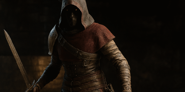Uso dual en Oblivion Remastered - Alt text: Personaje con capucha y armadura ligera usando espada y arco en la mano en el juego Oblivion Remastered en escena oscura de fantasía.