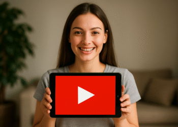 YouTube Shorts para MP4 - Young woman smiling while holding a tablet displaying the YouTube play button logo, representing YouTube Shorts to MP4 video conversion.