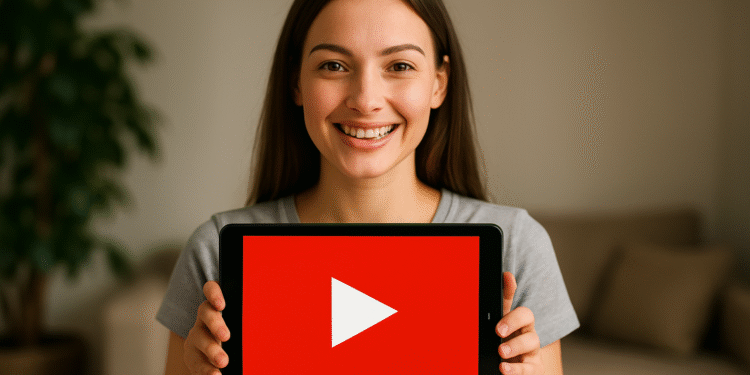 YouTube Shorts para MP4 - Young woman smiling while holding a tablet displaying the YouTube play button logo, representing YouTube Shorts to MP4 video conversion.