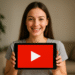 YouTube Shorts para MP4 - Young woman smiling while holding a tablet displaying the YouTube play button logo, representing YouTube Shorts to MP4 video conversion.