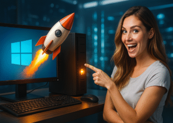 ¿Cómo actualizar a Windows 11 en un equipo antiguo? - Mujer sonriente señalando una computadora con el logo de Windows y un cohete despegando desde la pantalla, simbolizando la actualización rápida a Windows 11 en un equipo antiguo.