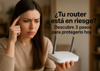 ¿Tu Router está en riesgo? - Mujer preocupada sosteniendo un router inalámbrico blanco mientras piensa en la seguridad de su red doméstica, con texto en español que dice "¿Tu router está en riesgo? Descubre 3 pasos para protegerlo hoy" en un fondo interior desenfocado.