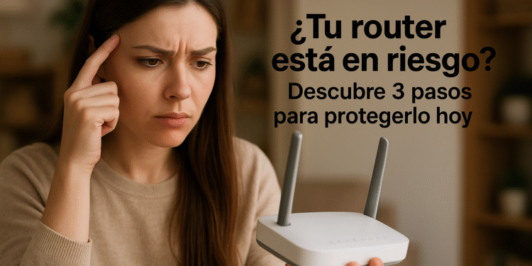 ¿Tu Router está en riesgo? - Mujer preocupada sosteniendo un router inalámbrico blanco mientras piensa en la seguridad de su red doméstica, con texto en español que dice "¿Tu router está en riesgo? Descubre 3 pasos para protegerlo hoy" en un fondo interior desenfocado.