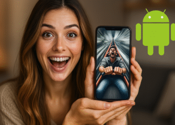 ¿Tu móvil Android va lento? 3 trucos secretos para acelerarlo ya - Alt text: Mujer emocionada mostrando un móvil con una imagen de un hombre en una montaña rusa en movimiento rápido, junto al logo de Android, ilustrando trucos secretos para acelerar un móvil Android lento.
