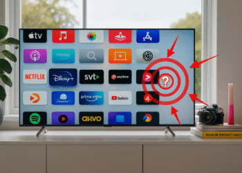 Actualizar firmware Smart TV: pantalla de inicio con apps y flechas marcando el menú de ajustes para descargar e instalar la última actualización del sistema.