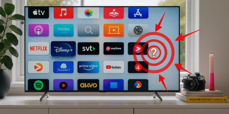 Actualizar firmware Smart TV: pantalla de inicio con apps y flechas marcando el menú de ajustes para descargar e instalar la última actualización del sistema.