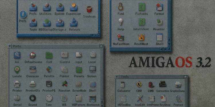 Captura de AmigaOS 3.2.3 en Workbench con ventanas de System, Prefs y Tools; actualización con más de 50 arreglos para revivir tu Commodore Amiga.