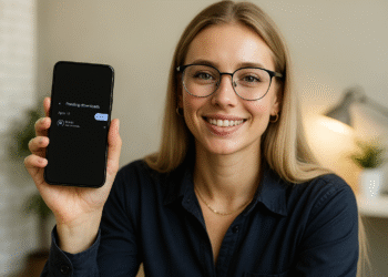 Android Actualizaciones pendientes - Persona sostiene un teléfono Android con "Pending downloads" en Google Play, ilustrando 5 soluciones rápidas para resolver actualizaciones pendientes de apps.
