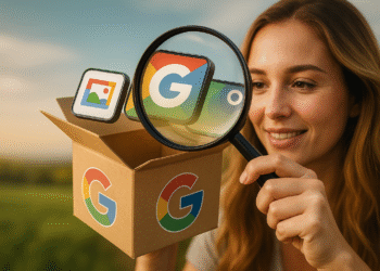 Apps ocultas de Google - Persona con lupa descubriendo apps ocultas de Google; iconos de aplicaciones saliendo de una caja con el logo, concepto de funciones y trucos.