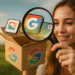 แอป Google ที่ซ่อนอยู่ - บุคคลที่ใช้แว่นขยายค้นพบแอป Google ที่ซ่อนอยู่ ไอคอนแอปที่โผล่ออกมาจากกล่องพร้อมโลโก้ แนวคิดเกี่ยวกับฟีเจอร์และลูกเล่น