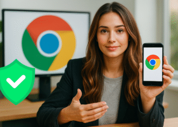 Chrome en Android y seguridad: usuaria mostrando un móvil con el logo de Google Chrome y un escudo verde, concepto de navegación segura y privacidad en Android.
