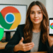 Chrome en Android y seguridad: usuaria mostrando un móvil con el logo de Google Chrome y un escudo verde, concepto de navegación segura y privacidad en Android.