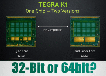 Cómo verificar si tu Android es 32 o 64 bits: comparativa de procesadores Tegra K1, Quad Core 32‑bit vs Dual Super Core 64‑bit.