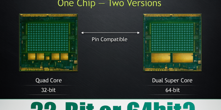 Cómo verificar si tu Android es 32 o 64 bits: comparativa de procesadores Tegra K1, Quad Core 32‑bit vs Dual Super Core 64‑bit.