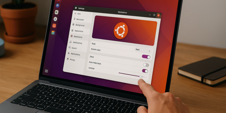 Configuraciones de Ubuntu que mejoran tu experiencia - Usuario ajusta las configuraciones de Ubuntu en un portátil: apariencia, modo oscuro y dock, para mejorar la experiencia de uso.
