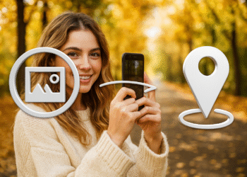 Datos EXIF - Mujer usando su móvil para revelar la ubicación GPS de una foto con datos EXIF; iconos de imagen y pin de mapa muestran cómo descubrir la ubicación en 1 clic.