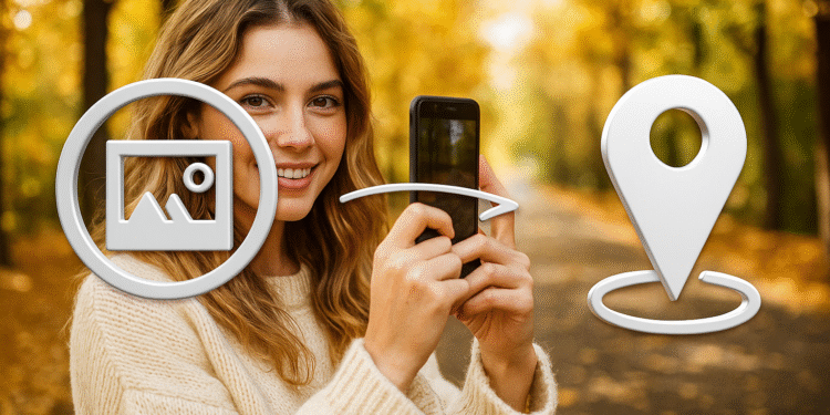 ข้อมูล EXIF - ผู้หญิงกำลังใช้โทรศัพท์มือถือเพื่อเปิดเผยตำแหน่ง GPS ของภาพถ่ายด้วยข้อมูล EXIF ไอคอนรูปภาพและหมุดบนแผนที่แสดงวิธีค้นหาตำแหน่งใน 1 คลิก