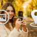 Datos EXIF - Mujer usando su móvil para revelar la ubicación GPS de una foto con datos EXIF; iconos de imagen y pin de mapa muestran cómo descubrir la ubicación en 1 clic.