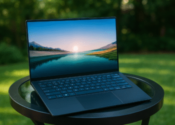 Laptop para estudiantes 2025: portátil ligero y delgado con pantalla casi sin bordes sobre mesa exterior, ideal para clases y tareas.