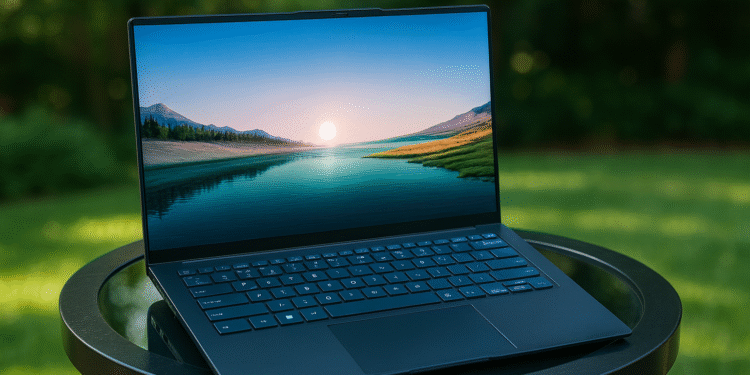 Laptop para estudiantes 2025: portátil ligero y delgado con pantalla casi sin bordes sobre mesa exterior, ideal para clases y tareas.