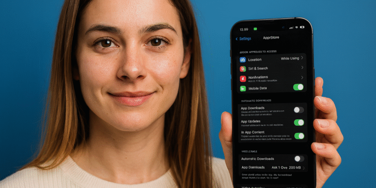 iPhone Actualizaciones automáticas - Persona sostiene un iPhone mostrando la pantalla de Ajustes del App Store con la opción de actualizaciones automáticas de apps activada.