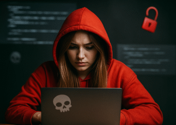 ¿Qué es DKIM? Persona con sudadera roja frente a un portátil, ilustrando DKIM (DomainKeys Identified Mail), autenticación y firma criptográfica de emails para prevenir suplantación y phishing.