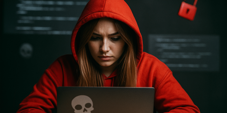¿Qué es DKIM? Persona con sudadera roja frente a un portátil, ilustrando DKIM (DomainKeys Identified Mail), autenticación y firma criptográfica de emails para prevenir suplantación y phishing.