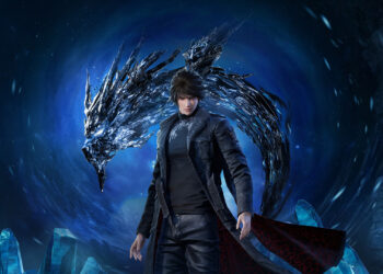 Reseña Lost Soul Aside y Versus XIII: protagonista con abrigo negro frente a criatura dracónica de cristal en un vórtice azul, arte oficial del RPG de acción hack and slash.