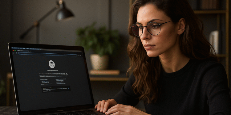 Alternativas a modo incógnito - Mujer usando laptop con navegador en modo incógnito, buscando alternativas de navegación privada: VPN y navegadores seguros.