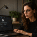 Alternativas a modo incógnito - Mujer usando laptop con navegador en modo incógnito, buscando alternativas de navegación privada: VPN y navegadores seguros.
