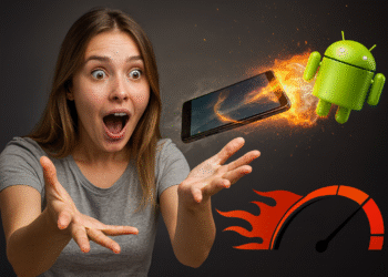 Android volando - Mujer sorprendida mira un Android volando que impulsa un smartphone con llamas y velocímetro, simbolizando acelerar tu móvil 5x sin apps.