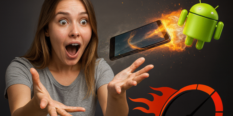 Android volando - Mujer sorprendida mira un Android volando que impulsa un smartphone con llamas y velocímetro, simbolizando acelerar tu móvil 5x sin apps.