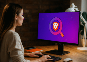 Ask Brave - Person using Ask Brave in the Brave browser on a desktop computer, purple screen with magnifying glass and lion logo, showcasing privacy-first search in a home office.