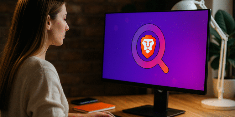 Ask Brave - Person using Ask Brave in the Brave browser on a desktop computer, purple screen with magnifying glass and lion logo, showcasing privacy-first search in a home office.