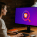 Ask Brave - Person using Ask Brave in the Brave browser on a desktop computer, purple screen with magnifying glass and lion logo, showcasing privacy-first search in a home office.