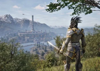 Carga excesiva Oblivion - Oblivion (The Elder Scrolls IV): argoniano con armadura y espada contempla la Ciudad Imperial y la Torre de Oro Blanco en Cyrodiil, tema de carga excesiva.