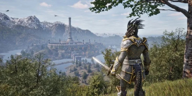 Carga excesiva Oblivion - Oblivion (The Elder Scrolls IV): argoniano con armadura y espada contempla la Ciudad Imperial y la Torre de Oro Blanco en Cyrodiil, tema de carga excesiva.