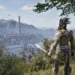 Carga excesiva Oblivion - Oblivion (The Elder Scrolls IV): argoniano con armadura y espada contempla la Ciudad Imperial y la Torre de Oro Blanco en Cyrodiil, tema de carga excesiva.