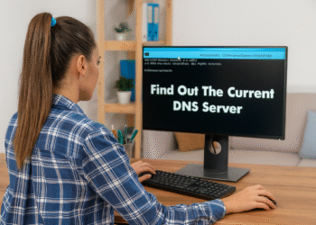 Cómo averiguar el servidor DNS en Windows: persona usando PC con comando en pantalla para encontrar el DNS actual.