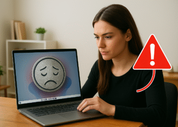 Cómo detectar qué ralentiza Windows en tu PC - Mujer usando un portátil con señal de alerta, investigando cómo detectar qué ralentiza Windows en su PC para solucionar la lentitud y optimizar el rendimiento.