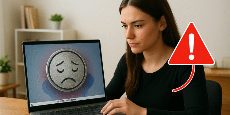 Cómo detectar qué ralentiza Windows en tu PC - Mujer usando un portátil con señal de alerta, investigando cómo detectar qué ralentiza Windows en su PC para solucionar la lentitud y optimizar el rendimiento.