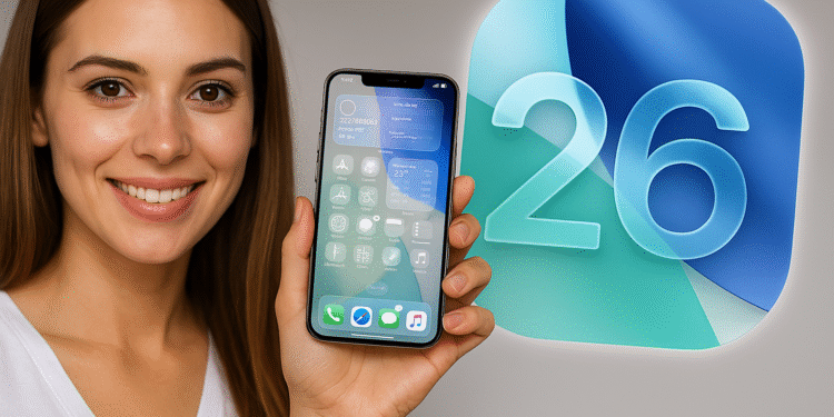 Cómo preparar tu iPhone para iOS 26 - Persona mostrando un iPhone listo para iOS 26 junto al icono del sistema; checklist rápido para preparar y actualizar tu iPhone.
