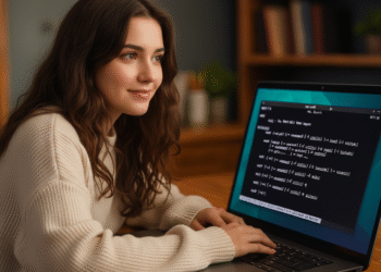 Compilar en Linux - Persona programando en un portátil con Linux, ejecutando comandos en la terminal para compilar código con gcc y make; guía para compilar en Linux.