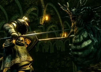 Dark Souls para la salud mental - Caballero de Dark Souls lucha contra un jefe demoníaco en una mazmorra oscura, simbolizando resiliencia y superación para la salud mental.