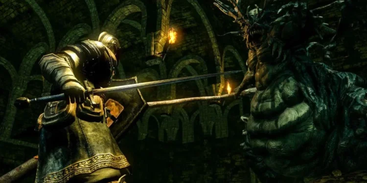 Dark Souls para la salud mental - Caballero de Dark Souls lucha contra un jefe demoníaco en una mazmorra oscura, simbolizando resiliencia y superación para la salud mental.